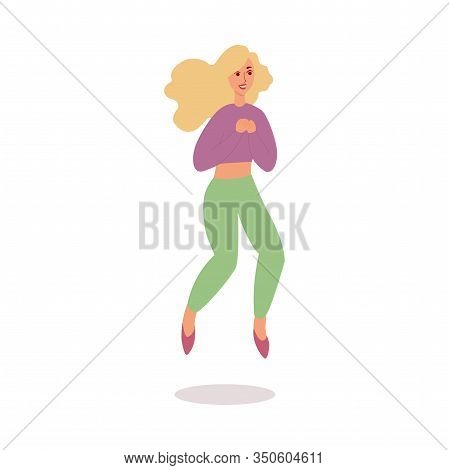 Woman Character Jumping High In The Air, Flat Isolated Vector Illustration.