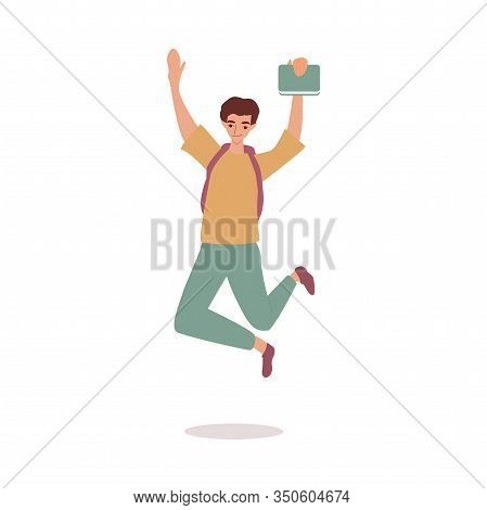 Student Or Traveler Cartoon Character Jumping Flat Vector Illustration Isolated.