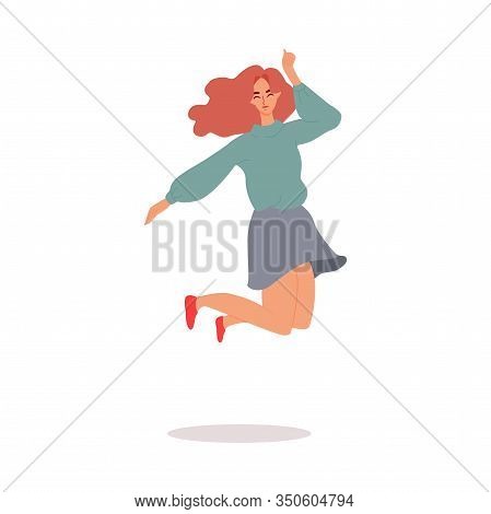 Cheerful Woman Jumps Expressing Happiness, Flat Vector Illustration Isolated.