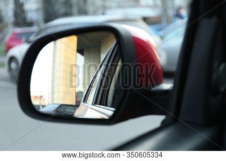 Side Rear View Mirror Of Modern Car Outdoors, Closeup