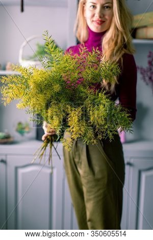 Florist Holding A Bouquet. Beautiful Spring Flowers. Arrangement With Mix Flowers. The Concept Of A 