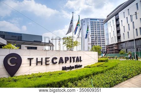 Pretoria, South Africa, 29th January - 2020: Front Entrance To Conference Venue With Flag Poles.