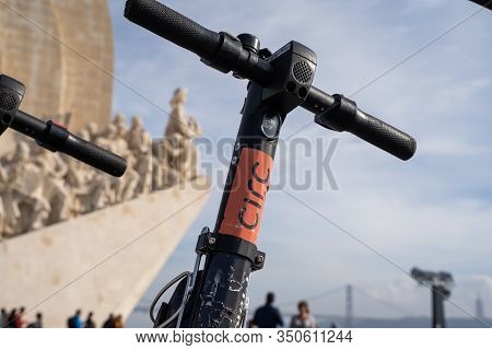 Lisbon, Portugal - January 17, 2020: Circ Brand Shared Scooter In Front Of The Padrão Dos Descobrime