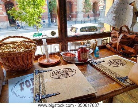 Budapest, Hungary - Sept. 6, 2018: A View From A Window Of For Sale Pub In Budapest - Famous For Its