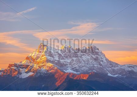 Sinrise Or Sunset Panoramic View Of The Dents Du Midi In The Swiss Alps, Canton Vaud, Switzerland