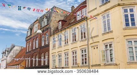Panorama Of Old Buildings And Flags In The Historic Center Of Haderslev, Denmark