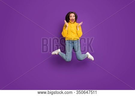Full Length Body Size Photo Of Ecstatic Overjoyed Woman In Jeans Denim Unable To Believe In Sales St