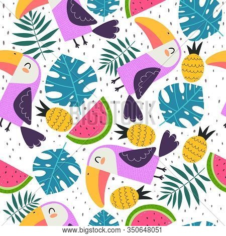 Summer Seamless Pattern With Cartoon Toucans, Watermelons, Pineapples, Tropical Leaves Decor Element