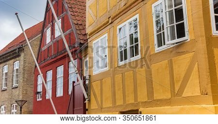 Haderslev, Denmark - June 26, 2019: Panorama Of Half Tibered Houses In Haderslev, Denmark