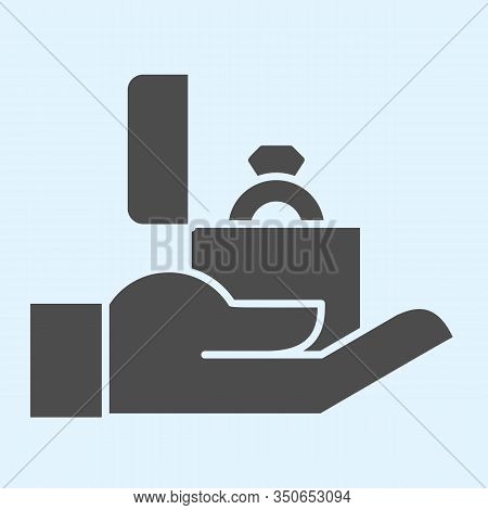 Proposal Solid Icon. Ring In Box On Hand, Man Offering Marriage For Lady. Wedding Asset Vector Desig