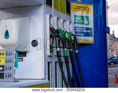 Miercurea Ciuc, Romania- 13 February 2020: Omv Gas Pump With Visible Price Labels.