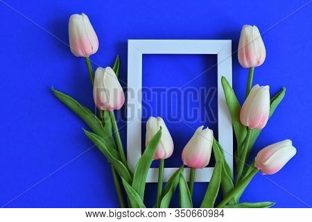 Photo Frame And Flowers On A Classik Blue Background. Pink Tulip. Copy Space In The Middle For Your 