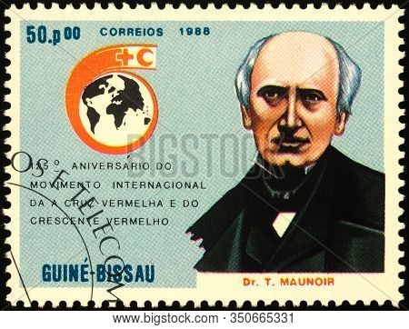 Moscow, Russia - February 11, 2020: Stamp Printed In Guinea-bissau, Shows Dr. Theodore Maunoir (1806