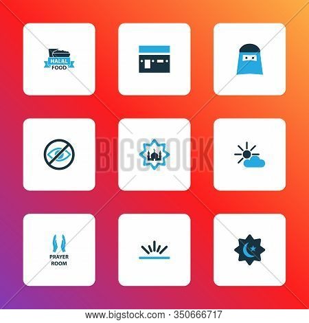 Religion Icons Colored Set With Asr, Halal, Woman And Other Islamic Elements. Isolated Illustration 