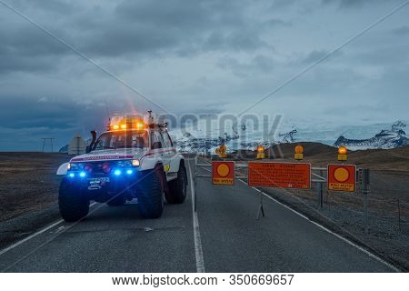 Jokulsarlon Iceland - December 21. 2019: Heavily Modified Search And Rescue Toyota Landcruiser 4x4 T