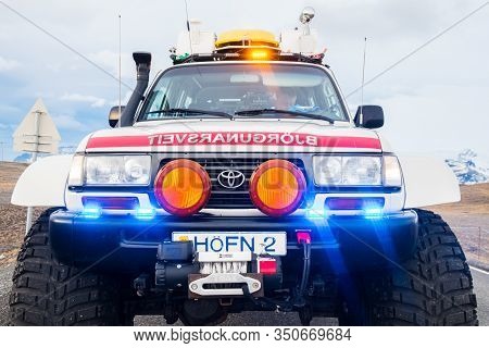 Jokulsarlon Iceland - December 21. 2019: Heavily Modified Search And Rescue Toyota Landcruiser 4x4 T