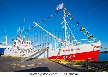 Hornafjordur Iceland - July 1. 2019: Classic Icelandic Fishing Boat In Port