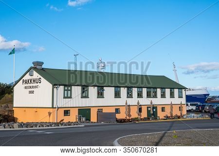 Hornafjordur Iceland - July 1. 2019: Restaurant Pakkhus In An Old Building Near The Harbor