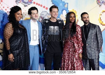 LOS ANGELES - JAN 12: Natasha Rothwell, Ben Schwartz, Jim Carrey, Tika Sumpter, Lee Majdoub at the Sonic The Hedgehog Screening at the Regency Village Theater on February 12, 2020 in Los Angeles, CA