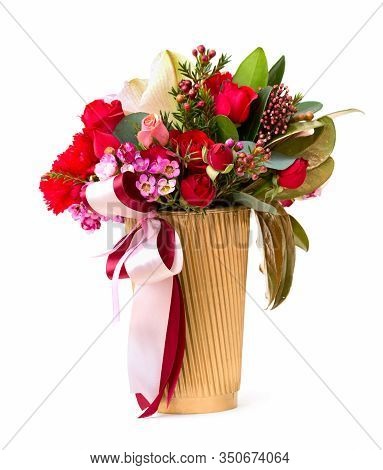 Bouquet Or Bunch Of Beautiful Flowers In Plastic Cup Isolated On White