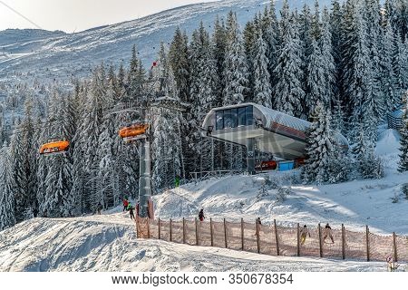 Demanovska Dolina, Slovakia - February 8: Ski Lift Chair Top Station Zahradky In Ski Resort Jasna On