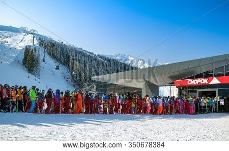 Demanovska Dolina, Slovakia - February 8: Many Skiers In Front Of Cableway Funitel In Ski Resort Jas