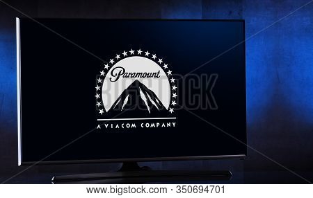 Poznan, Pol - Feb 04, 2020: Flat-screen Tv Set Displaying Logo Of Paramount Pictures Corporation, An
