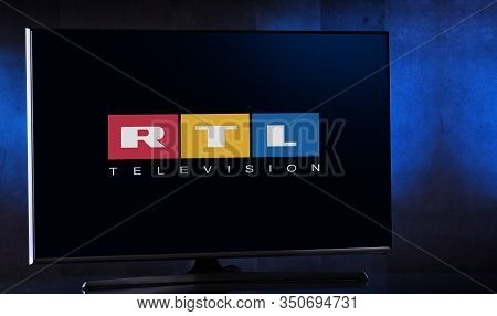 Poznan, Pol - Feb 04, 2020: Flat-screen Tv Set Displaying Logo Of Rtl, A German Free-to-air Televisi