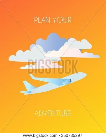 Traveling By Plane, Flight. Pink Pre-sunset Clouds In The Porthole Of An Airplane. Vector Illustrati