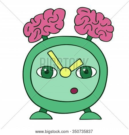 Green Old Alarm Clock With Brains On The Head Instead Of A Bell. Smart Watch. White Background Carto