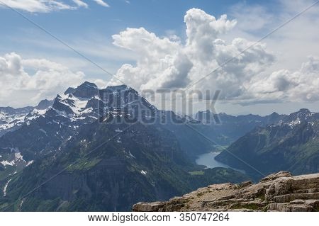 Top View On Lake Kloental In Glarus In Glarnerland  With Glaernisch Mountain