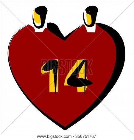 Valentines Day, February 14 Calendar With Heart, Valentine Card With Love Text, Pink Color Line Icon