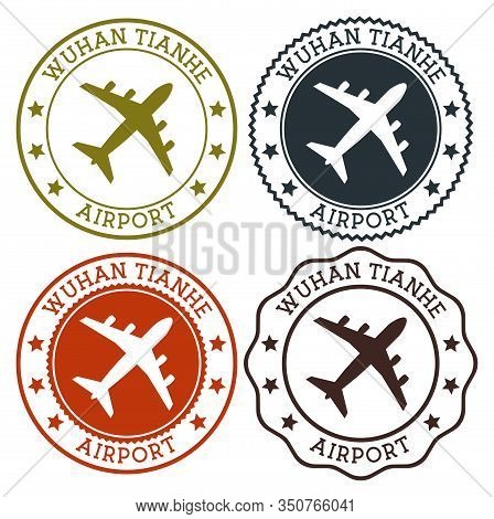 Wuhan Tianhe Airport. Wuhan Airport Logo. Flat Stamps In Material Color Palette. Vector Illustration