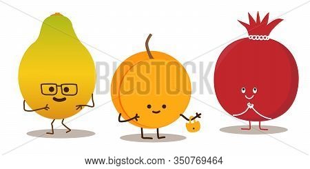 Pomegranate, Peach And Papaya. Set Of Cartoon Tropical Fruit Characters In Kawaii Style, Isolated On