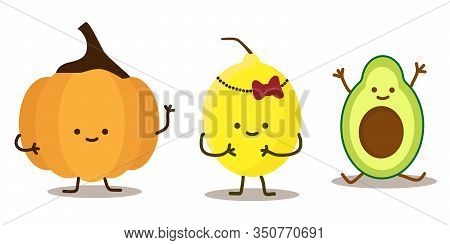 Avocado, Pumpkin And Lemon. Set Of Cartoon Tropical Fruit Characters In Kawaii Style, Isolated On Wh
