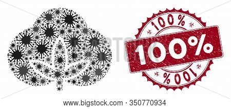 Coronavirus Mosaic Cotton Icon And Round Distressed Stamp Seal With 100 Percent Phrase. Mosaic Vecto