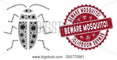 Coronavirus Mosaic Cucaracha Icon And Rounded Grunge Stamp Seal With Beware Mosquito Exclamation Phr