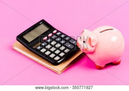 Credit Concept. Calculate Profit. Piggy Bank Pink Pig And Calculator. Finance Manager Job Position. 