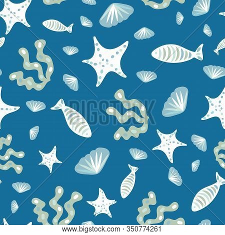 Fish Starfish Seaweed And Shells Surface Print Design In Blue Colors. Ocean Environment Surface Prin