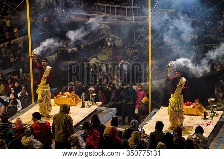 Varanasi, India - Dec 25, 2019: Ganga Aarti On The Dashashwamedh Ghat At Varanasi Uttar Pradesh Indi