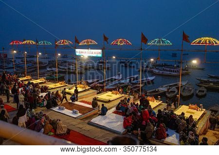 Varanasi, India - Dec 25, 2019: Ganga Aarti On The Dashashwamedh Ghat At Varanasi Uttar Pradesh Indi