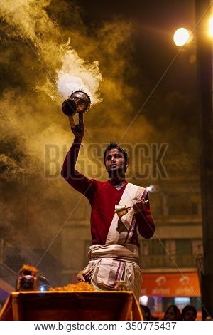 Varanasi, India - Dec 25, 2019: Ganga Aarti On The Dashashwamedh Ghat At Varanasi Uttar Pradesh Indi