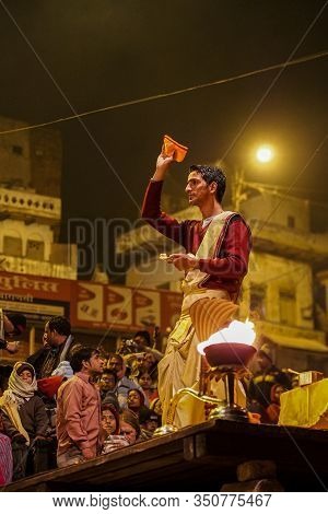 Varanasi, India - Dec 25, 2019: Ganga Aarti On The Dashashwamedh Ghat At Varanasi Uttar Pradesh Indi