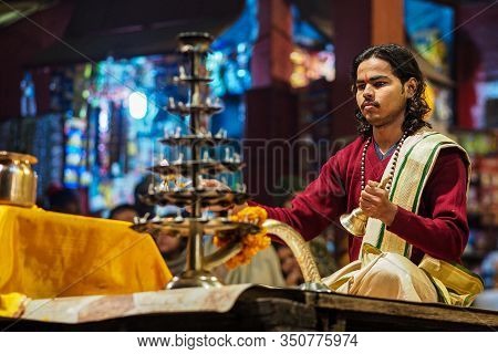 Varanasi, India - Dec 25, 2019: Ganga Aarti On The Dashashwamedh Ghat At Varanasi Uttar Pradesh Indi