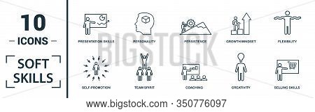 Soft Skills Icon Set. Include Creative Elements Team Spirit, Personality, Self-promotion, Motivating