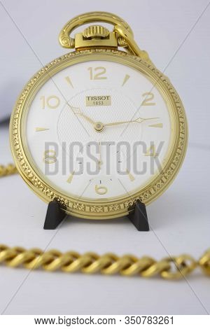 Le Locle, Switzerland 15.01.2020 - Tissot Stainless Steel Case, Gold Pvd Coating White Clock Face Di