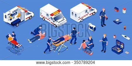 Ambulance Isometric Set Of Reanimobiles And Medical Personnel Providing First Aid To Patients Isolat