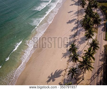 Hat Thun Wua Laen Beach In Chumphon Area Thailand, Drone View From Above At The Beach With White San