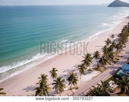 Hat Thun Wua Laen Beach In Chumphon Area Thailand, Drone View From Above At The Beach With White San