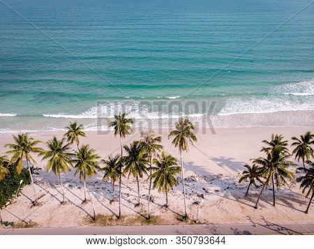 Hat Thun Wua Laen Beach In Chumphon Area Thailand, Drone View From Above At The Beach With White San